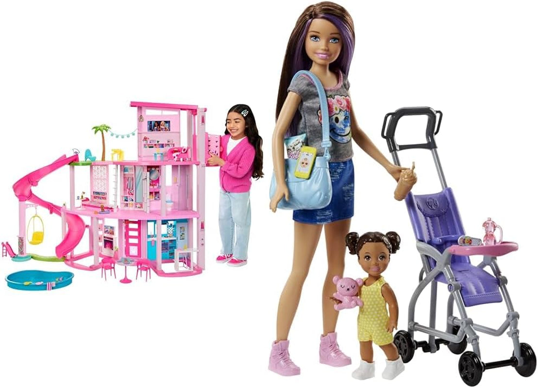 Barbie Dream Villa, casă Barbie cu 3 etaje cu 10 zone de joacă, inclusiv piscină, tobogan, lift, 75 de accesorii pentru păpuși, cățeluș de jucărie, jucărie pentru copii cu vârsta de peste 3 ani, HMX10 Casute de papusi Naty Shop Bundle cu babysitter Vilă de vis piscină petrecere casă de păpuși