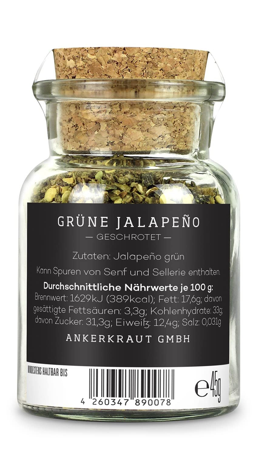 Ankerkraut Grüne Jalapeno, scharfe Chili, Chilis geschrotet, Finisher Scharf Würzen, Scharfes Essen Kochen, Highlight Chili con Carne, Fleisch, Kartoffeln, 45g im Korkenglas