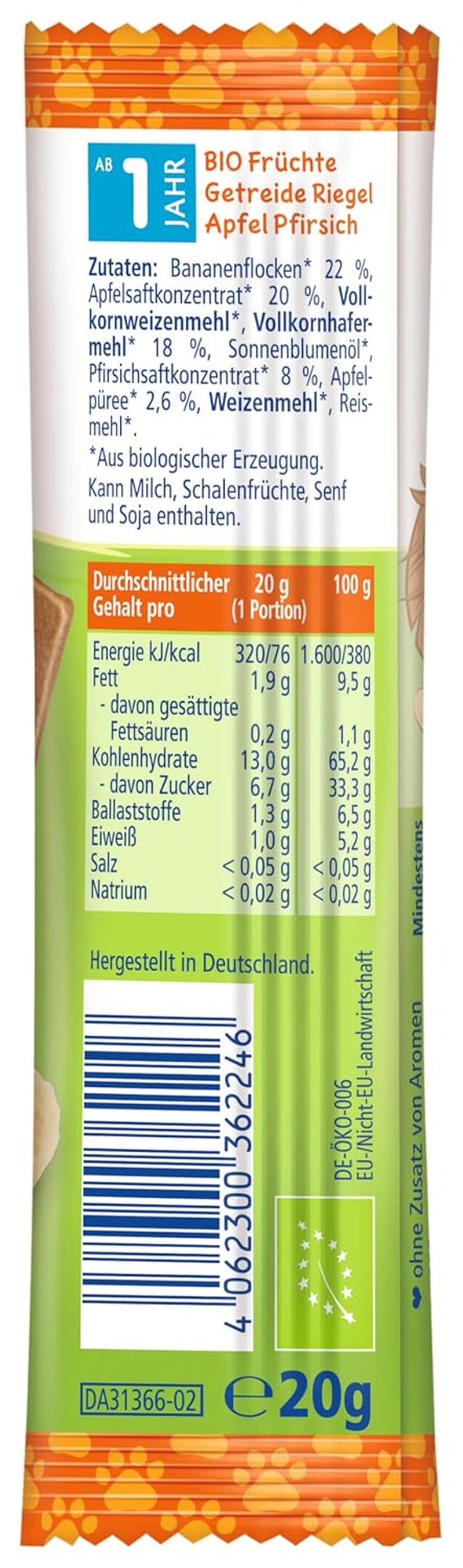 Batoane Muesli HiPP Lion cu ovăz crocant și măr și piersică (24 x 20g), de la 1 an, îndulcite doar din fructe, de cea mai bună calitate organică