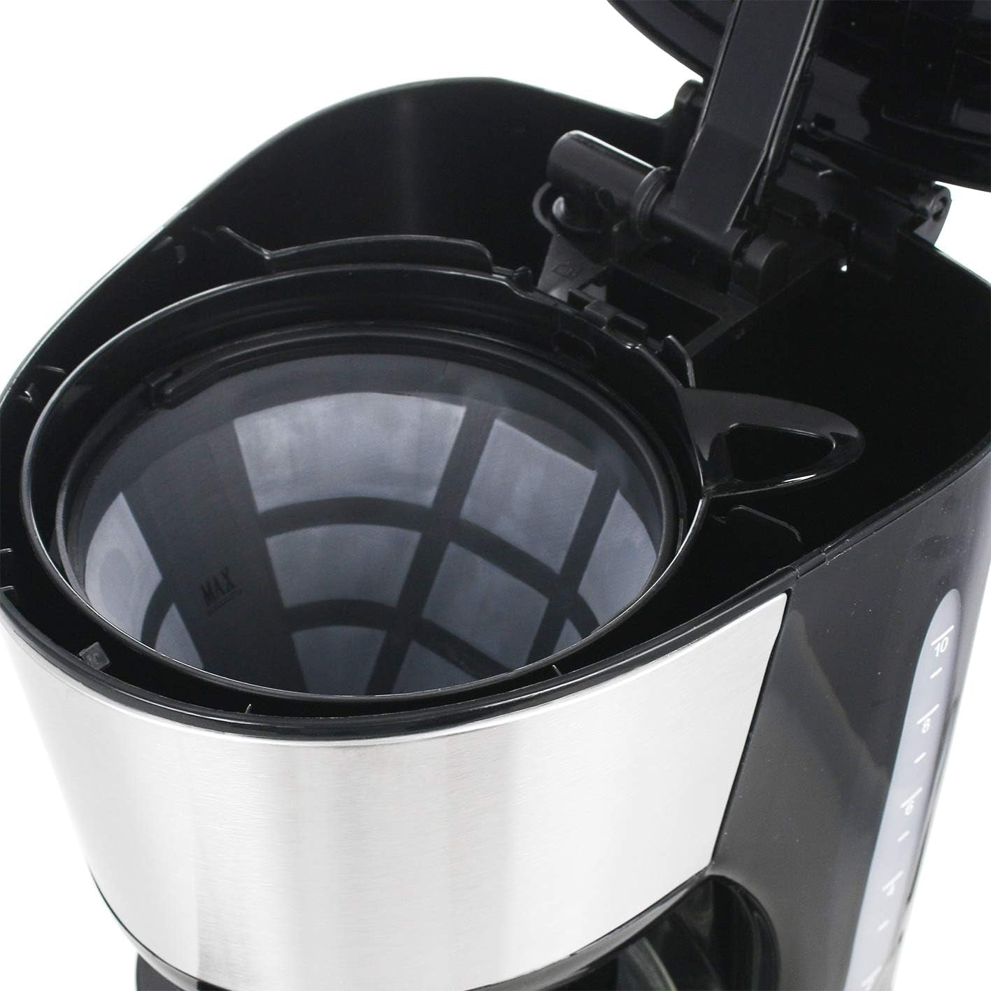 Emerio CME-122933, Cafetieră cu filtru, 1,25 l pentru până la 10 cești de cafea proaspătă, filtru permanent detașabil, funcție anti-picurare, carafă din sticlă, oprire automată, 1000 wați, negru/argintiu
