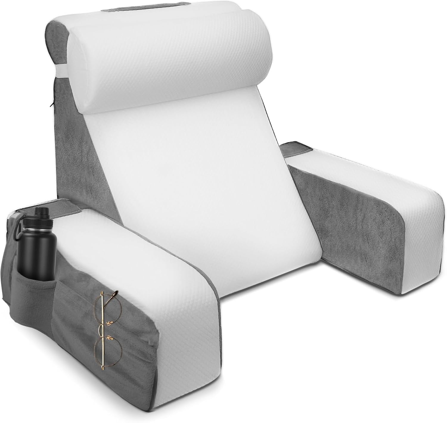 Pernă mare de citit cu suport pentru gât și cotiere detașabile, pernă pentru spate pentru pat, pernă ergonomică pentru spătar cu braț, buzunar și husă lavabilă pentru citit și vizionat la televizor.