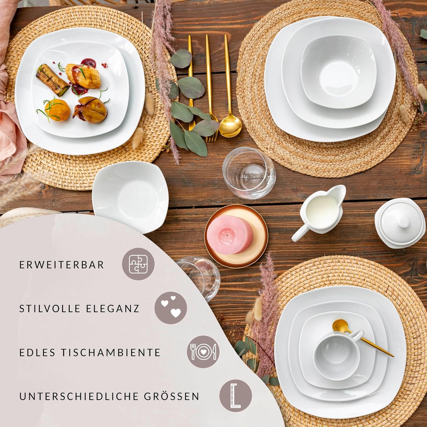 SÄNGER | Set de veselă Bilgola alb, Set de veselă din porțelan cu 24 de piese pentru 6 persoane, Farfurii pătrate, Farfurii de cină | COLECȚIA PREMIUM