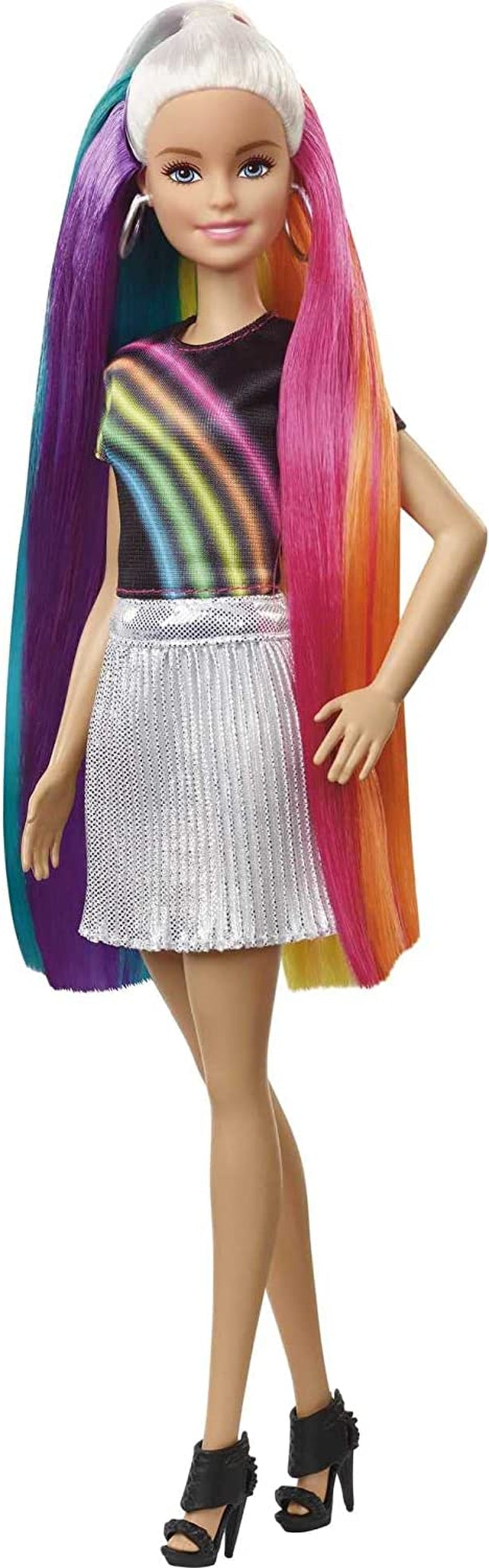 Barbie FXN96 - Rainbow Glitter Hair Doll cu păr blond lung, curcubeu ascuns de cinci culori, gel cu sclipici, perie de păr, accesoriu pentru coafat, cadou de jucărie pentru copii de la 5 ani în sus Papusi Naty Shop Păpușă de păr