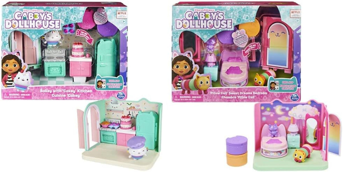 Casa de păpuși Gabby și camera Deluxe a casei de păpuși Gabby, Vise dulci, dormitor cu pisică pufoasă Pisica-pernă și 3 accesorii, 3 piese de mobilier și 2 cutii surpriză, potrivită pentru copii cu vârsta de 3 ani și peste