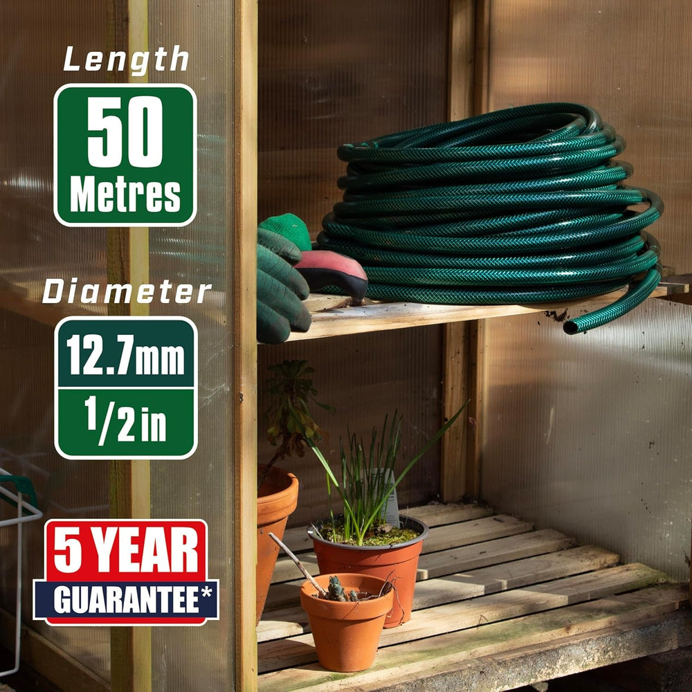 Furtun de grădină Faithfull 50 m (164 ft) ranforsat, diametru 12,7 mm (1/2 inch) – țeavă rezistentă din PVC, verde