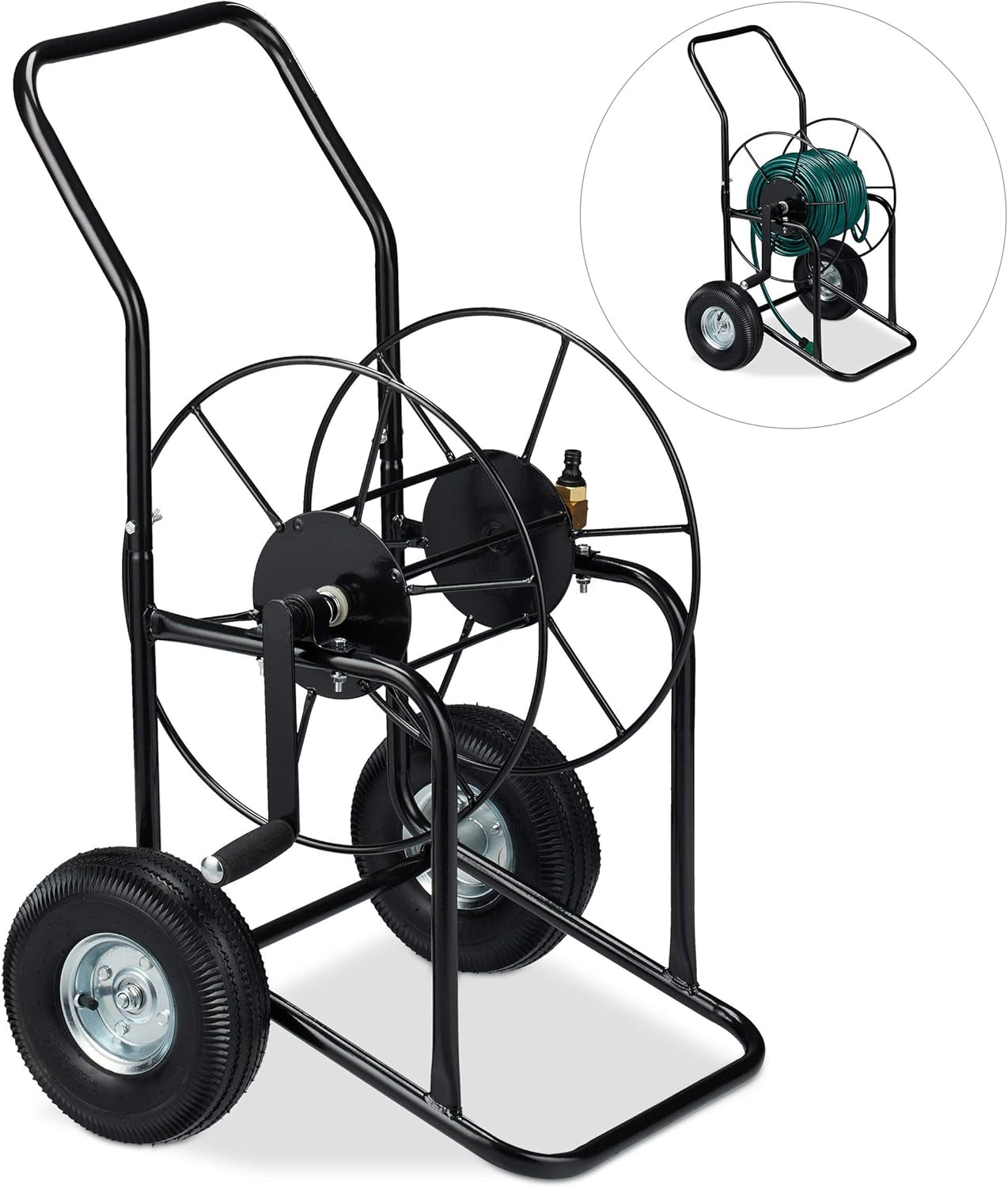 Cărucior furtun Relaxdays, rolă furtun mobilă, racord 1/2" și 3/4", furtun până la 80 m, 2 roți, metal, negru