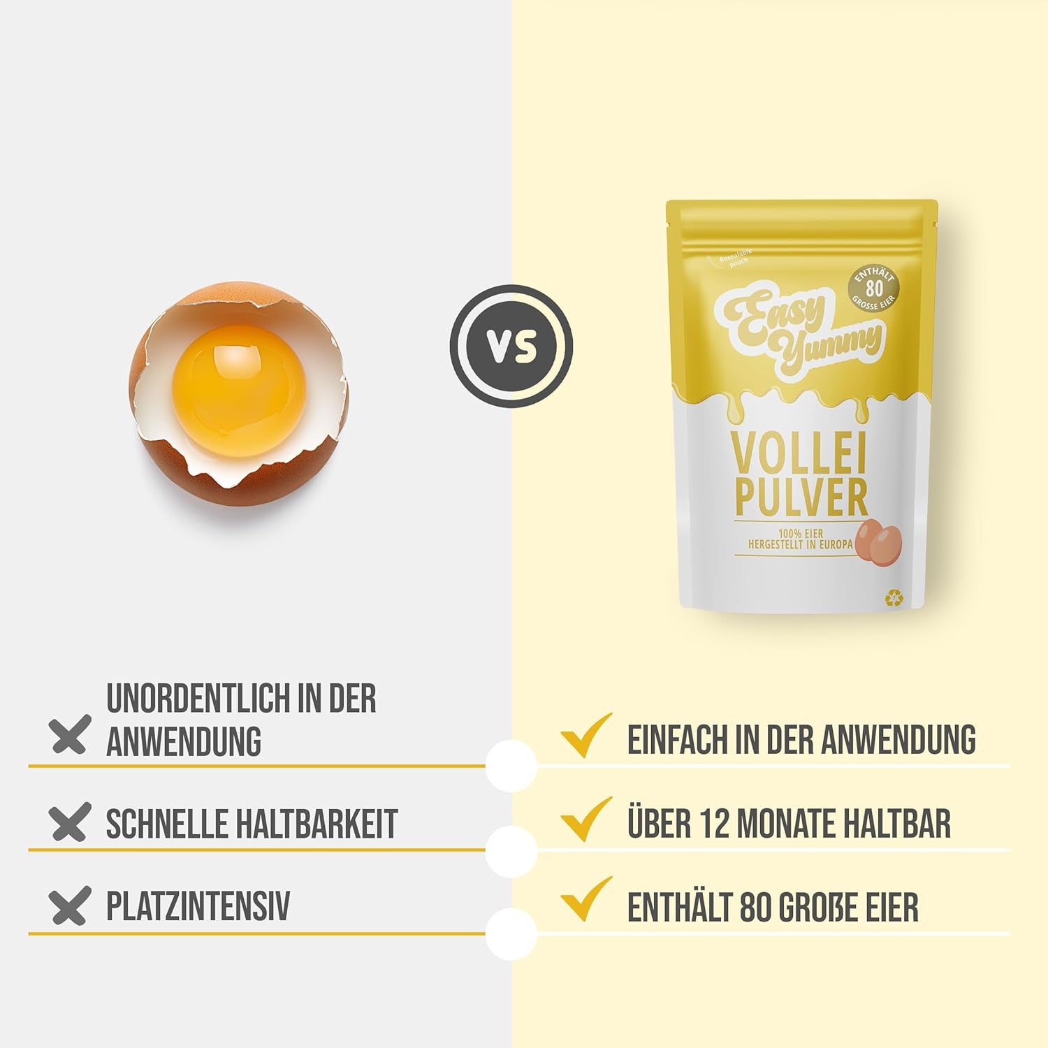 EASY YUMMY - Vollei-Eipulver (1000g = 80 Eier) aus Regionalen Niederländischen Freiland-Eiern | mito 1-Ei-Messlöffel | Wiederverschließbarer Beutel, lange Haltbarkeit | Rührei, Kochen, Backen | 100% loro