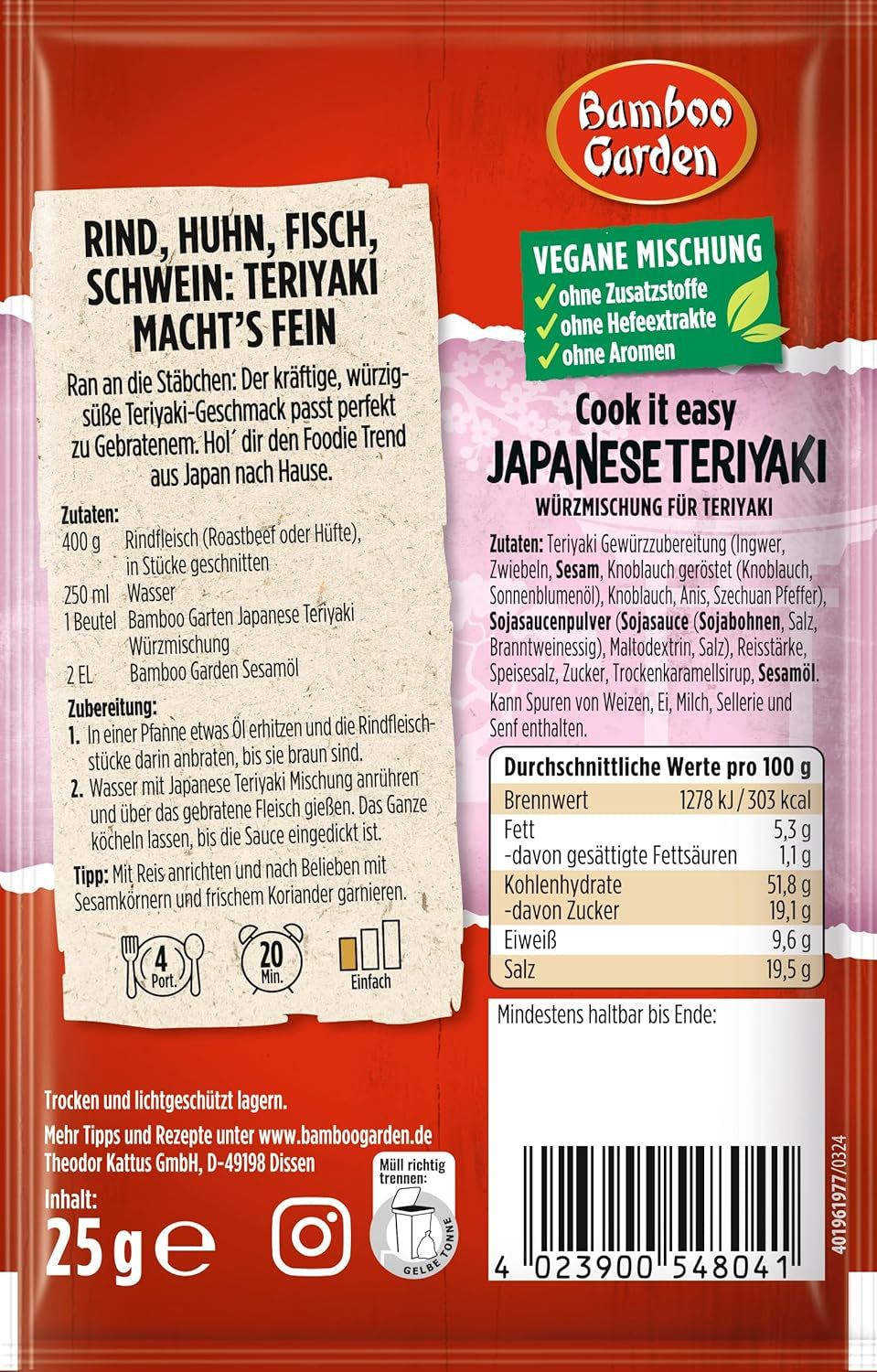 Bamboo Garden - Miscela di condimenti per Teriyaki, Gewürzmischung für Teriyaki, Für 4 Portionen, Ohne Geschmackverstärker und Konservierungsstoffe, 1 x 25 g (Verpackungsdesign kann abweichen)