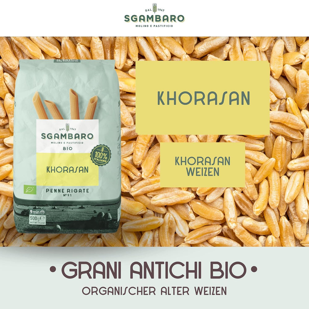 Penne Rigate Bio N.91 - 500g di Grano Khorasan - Grano antico, ricco di proteine, coltivato al 100% in Italia - Versatile in cucina e ricco di nutrienti