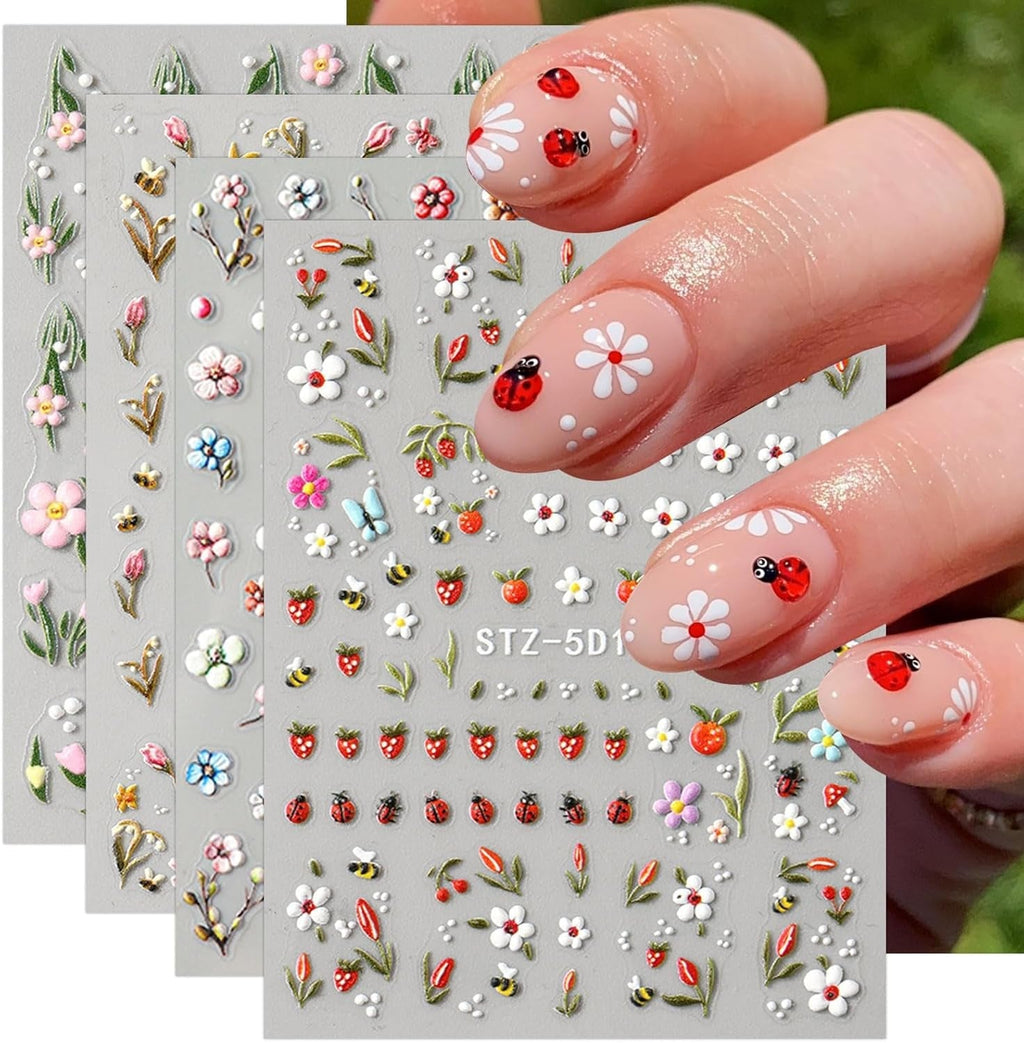 JMEOWIO 3D Nagelsticker Blumen Frucht Nail Art Sticker Selbstklebend Nagelaufkleber 5D Stereoskopisch Dekoration Nageldesign Zubehör 4 Blatt