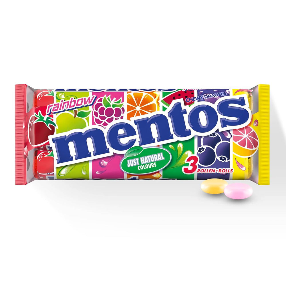 Mentos Fruit Dragees Arancia Limone Fragola Caramelle Gommose Al Gusto Di Frutta (3 Rotoli), Vegan (Confezione da 3)