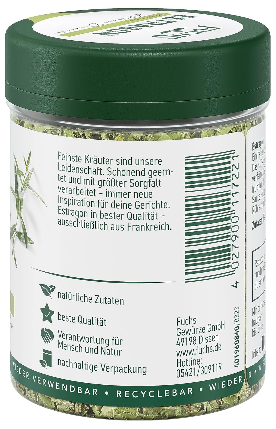 Fuchs Gewürze - Estragon gerebelt - französisches Kraut zur Verfeinerung von Saladen, Sauce Hollandaise oder Rührei - ingredienti naturali - 10 g in wiederverwendbarer, recyclebarer Dose