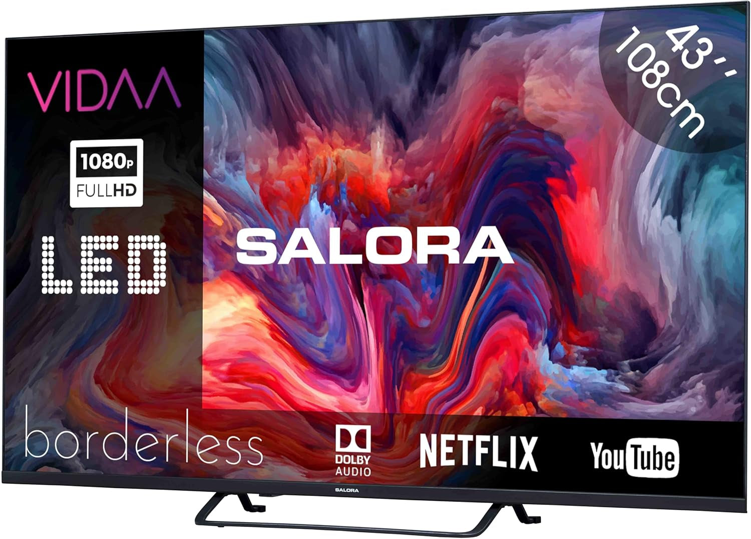 SALORA FOD43FV – Televizor de 43 de inci – Smart TV cu ecran Full HD, Android TV, sistem de operare Vidaa, tuner triplu DVB-T2/S2, WLAN, Ethernet, 3x HDMI, design fără ramă pentru un stil de viață modern