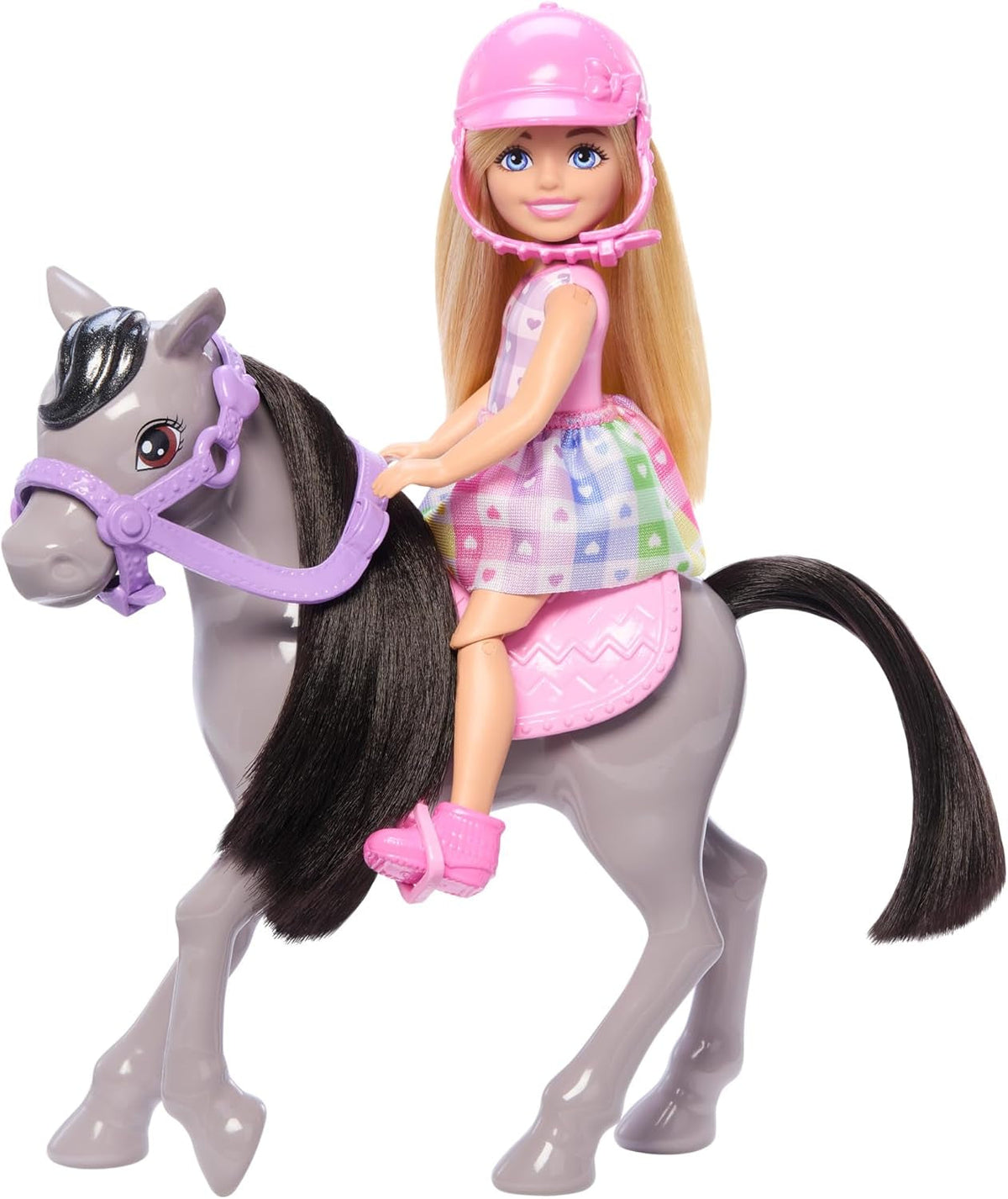 Barbie Chelsea And Pony Păpușă și ponei - încalecă în timpul jocului pentru a sta în siguranță pe cal, șa roz și tije, include cască și rochie drăguță în carouri, pentru copii de la 3 ani, HTK29 Papusi Naty Shop Titlu implicit