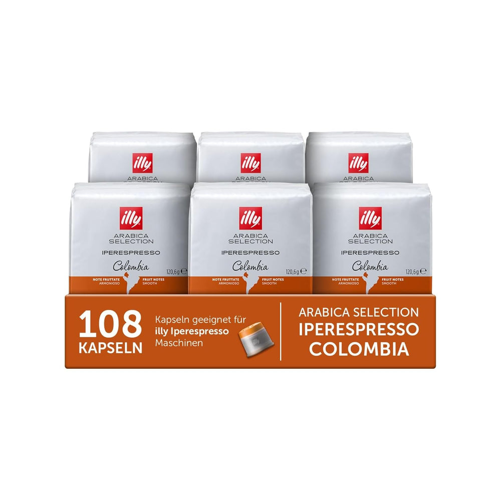 illy, Iperespresso Arabica Selection Kolumbien, 100% Arabica mit Fruchtigen Noten von Zitrusfrüchten und Roten Früchten, Geschmack mit Zarter Säure, 6 Packungen à 18 Kapseln (Insgesamt 108 Kapseln)