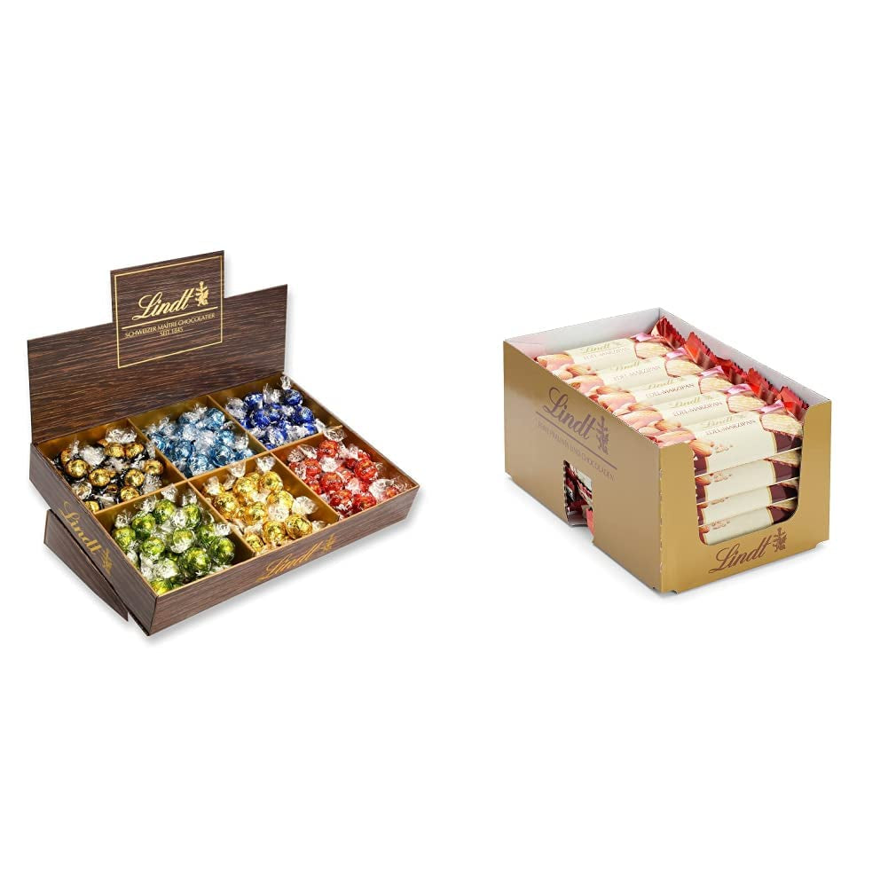 Presentazione Top Cioccolato Lindor | 1718 g e tavolette di cioccolato con marzapane | 25 barrette x 50g in espositore da banco | 1250 g| Puro marzapane ricoperto di cioccolato fondente | Barrette di cioccolato