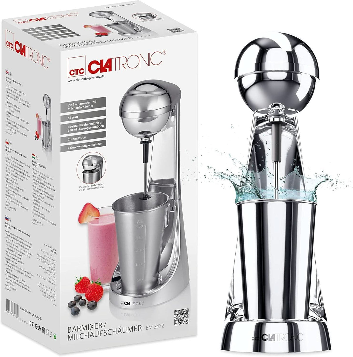 Clatronic® Barmixer U. Milchaufschäumer | Macchina per frullati | Contenitore in acciaio inox da 650 ml | Praktischer Becherhalter | Miscelatore | 2 Geschwindigkeitsstufen | Motore Kraftvoller da 65 Watt | Chromdesgin | BM 3472 Cucina Naty Shop