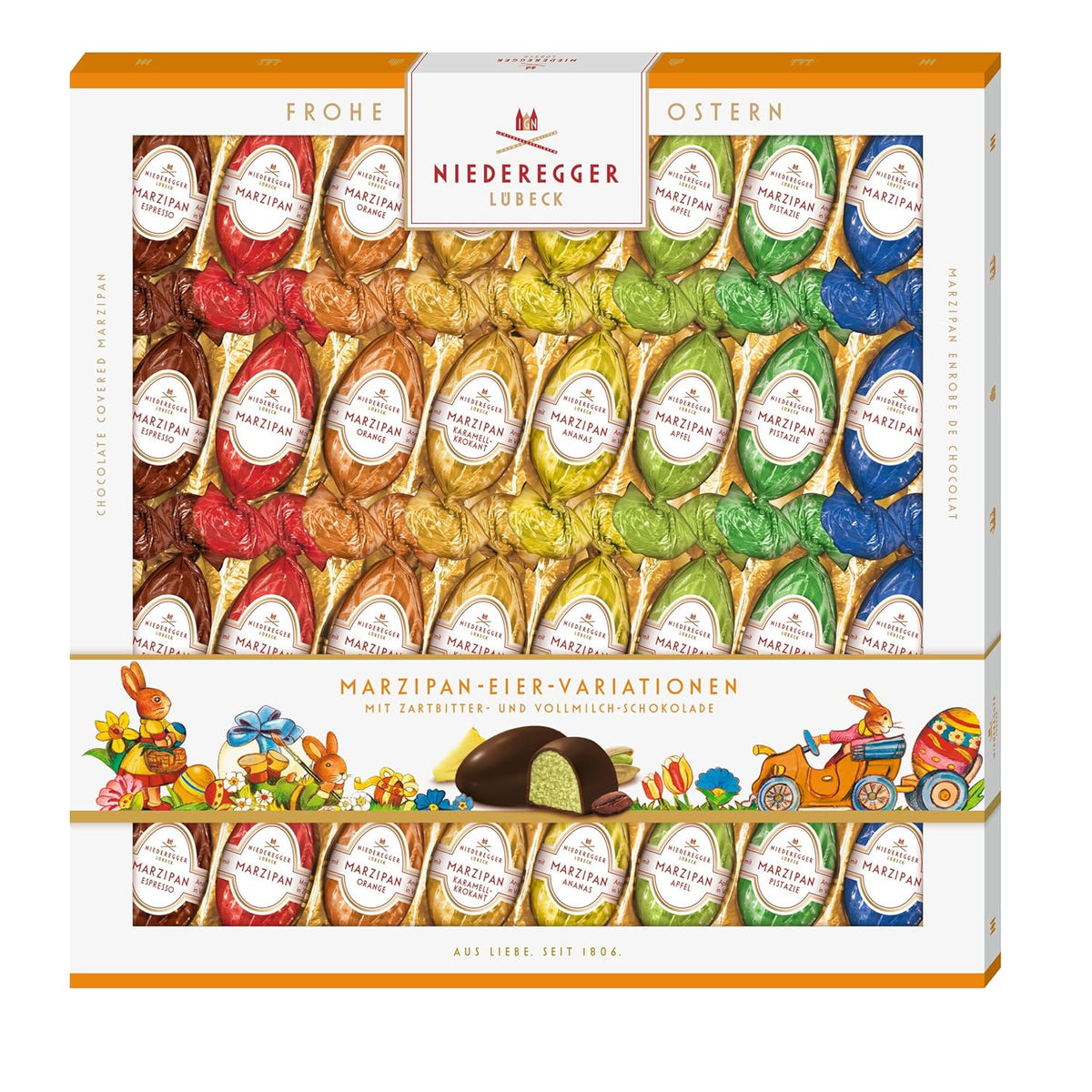Niederegger | Uova di marzapane | 1x400 g | Varianti: Classico, Cioccolato al Latte, Arancia, Crunch al Caramello, Ananas, Mela, Espresso e Pistacchio | Ricoperto di cioccolato fondente e al latte | Regalo di Pasqua