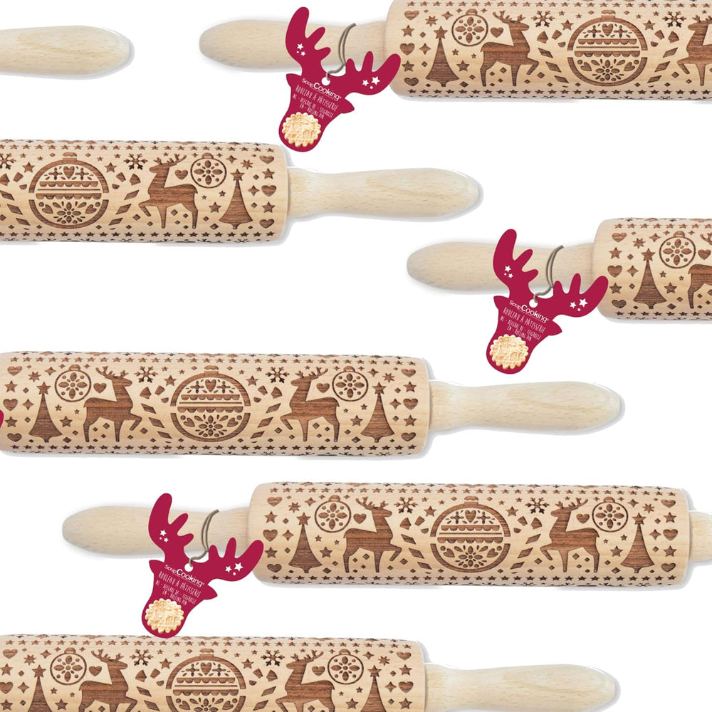 Scrap Cooking Teigrolle aus Holz "Xmas" mit weihnachtlichen Motiven – Prägerolle mit gepfragten Verzierungen für Kekse – Decorativo Zubehör – 5242