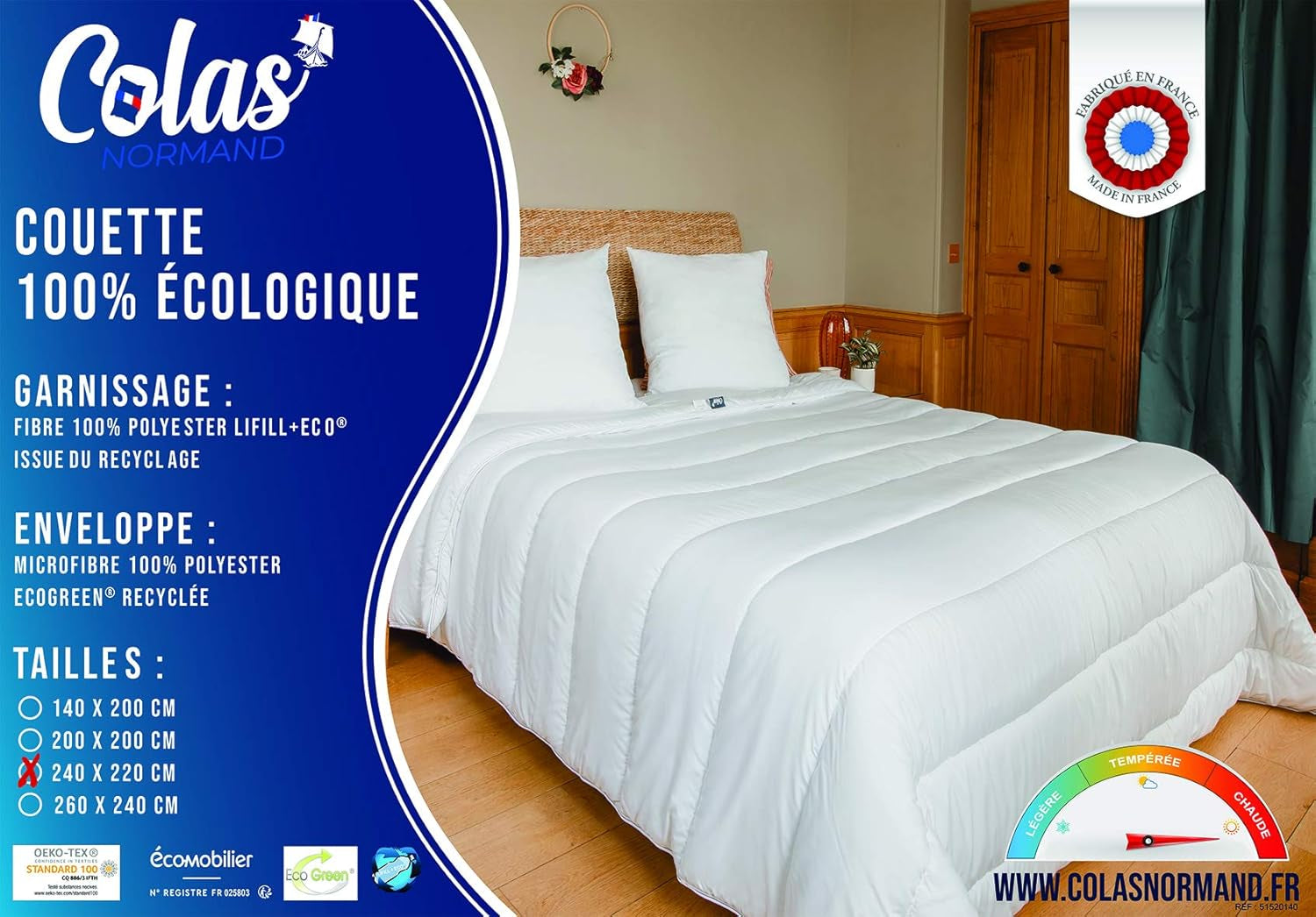 COLAS NORMAND - Trapunta ecologica - calda - 240 X 220 Cm - rivestimento e imbottitura da bottiglie riciclate - morbida, setosa e confortevole - lavorazione accurata Trapunte e trapunte Naty Shop