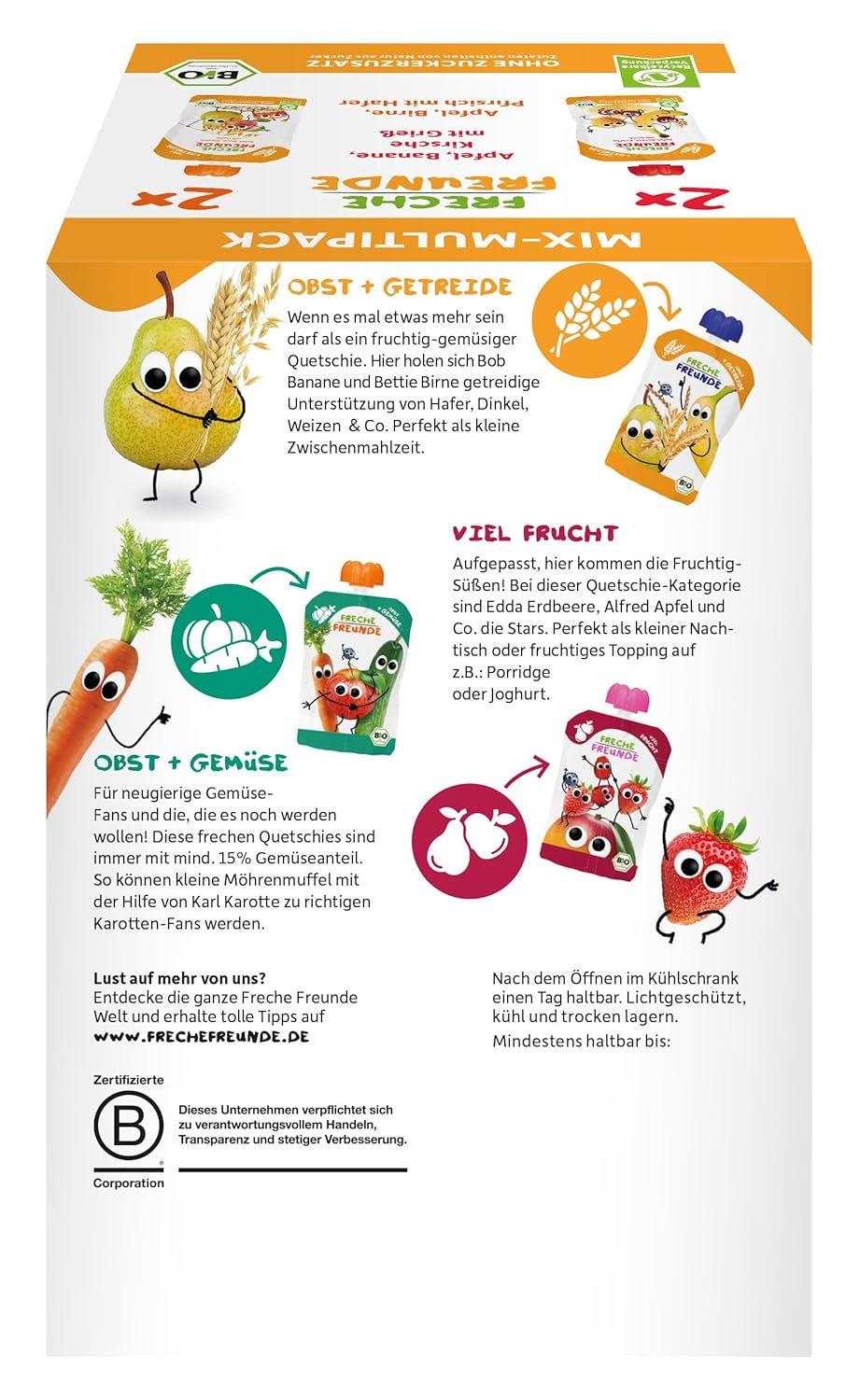 FRECHE FREUNDE Mix biologico in busta comprimibile multipack - Frutta + Cereali, purea di frutta con cereali in busta comprimibile per bambini a partire da 6 mesi, vegano, confezione da 3, 3 x (4 x 100 g)