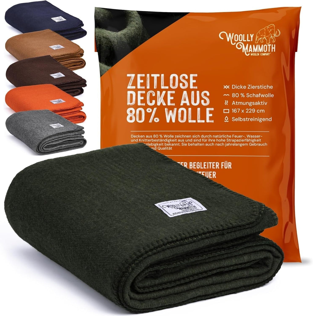 Woolly Mammoth Woolen Co. pătură de camping, extra mare, lână merino, Echipamentul perfect în aer liber pentru bushcraft, camping, trekking, drumeții, supraviețuire sau pătură în cabană. Maro, 168 X 228 Paturi si Cuverturi Woolly Mammoth Woolen Company Verde măsliniu 66" X 90"