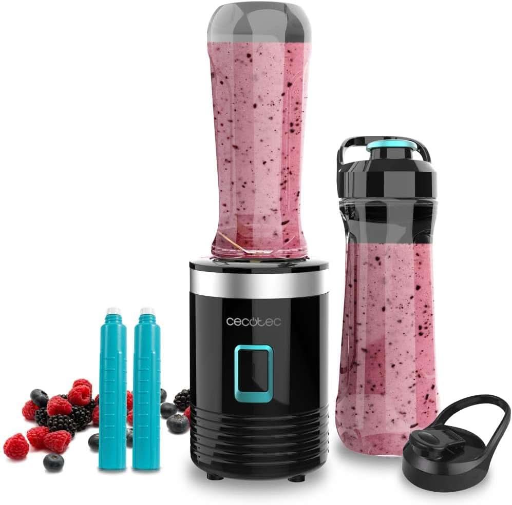 Cecotec Tragbarer Einzelstandmixer Power Titanium 300 Easygo. 350W, Zerkleinert Eis, 4 Klingen Mit Schwarzer Titanbeschichtung, Inklusive 2 Kühlröhren, 2 Tragbaren Bechern und 2 Deckeln Mother and Child Naty Shop Schwarz 500 W | 2 bottiglie