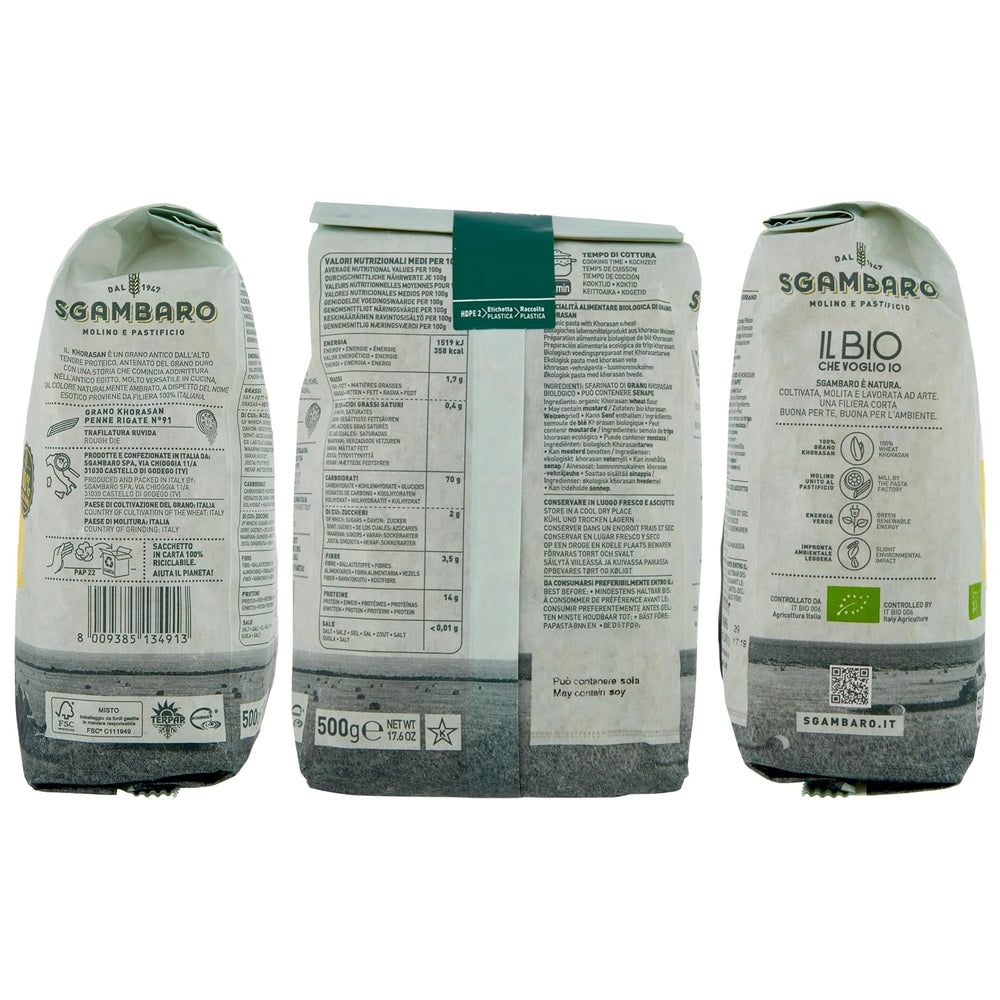 Penne Rigate Bio N.91 - 500g di Grano Khorasan - Grano antico, ricco di proteine, coltivato al 100% in Italia - Versatile in cucina e ricco di nutrienti