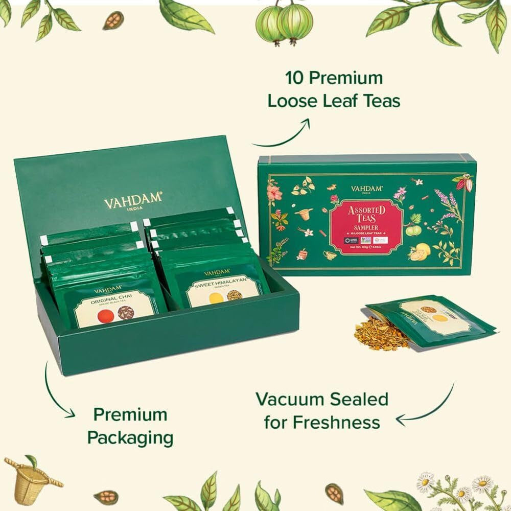 VAHDAM, set cadou cu sortimente de ceai - set de 10 ceaiuri | Ingrediente 100% naturale | Set cadou cu ceai vrac | Ceai negru, ceai verde, ceai Oolong, ceai Chai, ceai alb | Ceai vrac | Set cadou cu set de ceaiuri de probă