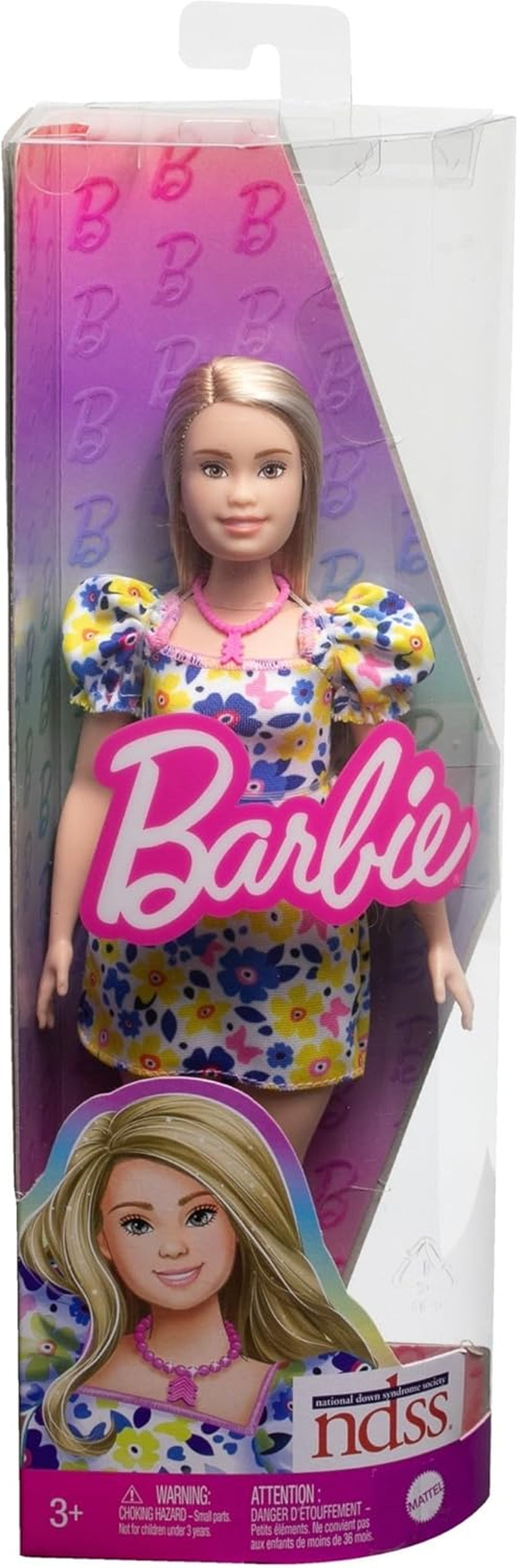 Barbie Fashionistas - păpușă dezvoltată cu Societatea Națională pentru Sindromul Down, păr blond și ținută trendy cu rochie florală și adidași albi, pentru copii de la 3 ani, HJT05 Papusi Naty Shop