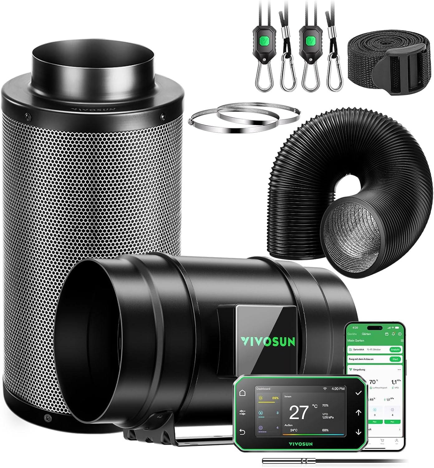 VIVOSUN Kit ventola/scarico in linea AeroZesh G4 intelligente da 100 mm con GrowHub E42A+, controller di temperatura e umidità, telecomando WiFi/app, filtro a carbone attivo e tubo per tende da coltivazione e coltura idroponica