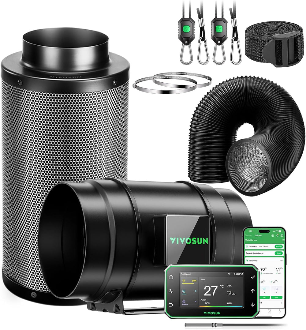 VIVOSUN Kit ventola/scarico in linea AeroZesh G4 intelligente da 100 mm con GrowHub E42A+, controller di temperatura e umidità, telecomando WiFi/app, filtro a carbone attivo e tubo per tende da coltivazione e coltura idroponica