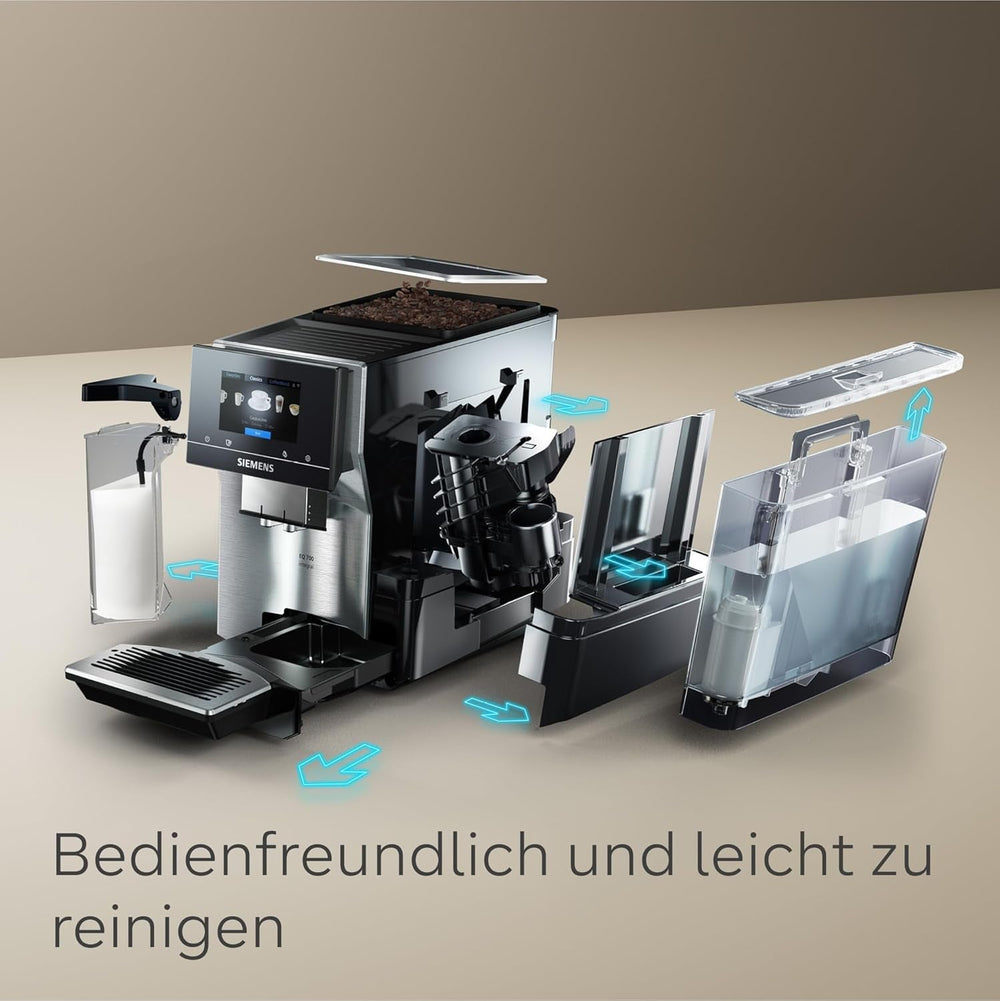 Espressor automat integral Siemens EQ700, ecran TFT color mare, 36 de băuturi calde și reci, cold brew, funcție 2 căni, control prin aplicație, sistem automat de curățare, oțel inoxidabil negru, TQ717D03