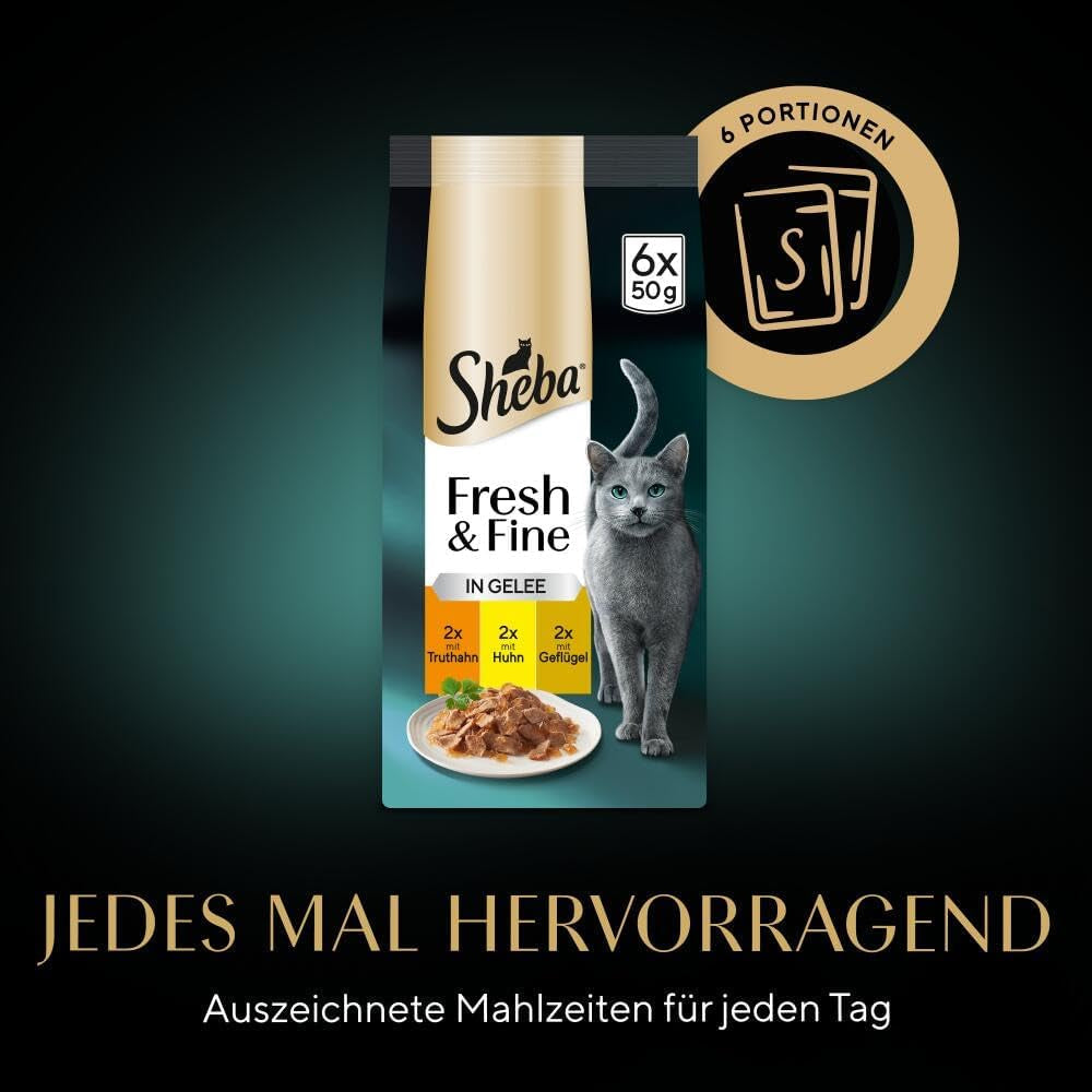 Sheba Portion Pouches Hrană umedă pentru pisici, pachet multiplu Fresh & Fine în jeleu cu curcan și pui, 6x6x50g - Hrană pentru pisici de înaltă calitate în jeleu cu curcan și pui