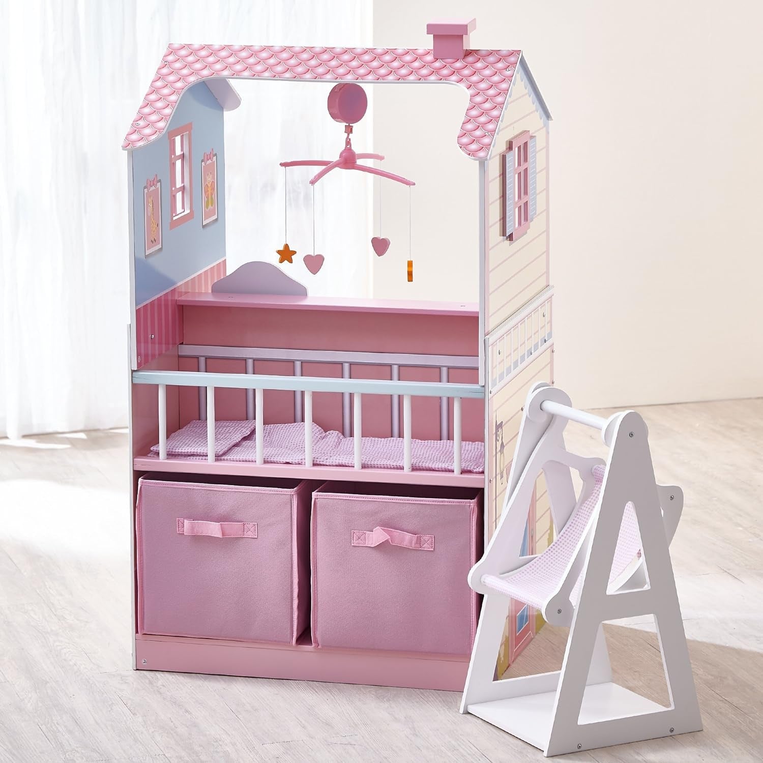 Olivia's Little World 2 En 1 Casă de păpuși și stație de schimbare Masa de schimbare Playset pentru păpuși din lemn cu scaun înalt TD-11460A Casute de papusi Naty Shop