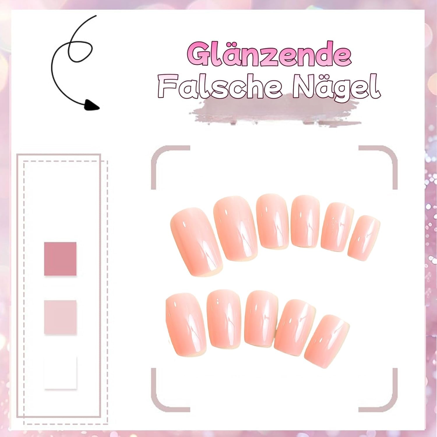 24 bucăți unghii false roz, culoare solidă, autoadezive, unghii artificiale neutre, pătrate medii, gel moale pentru femei, DIY, unghii false strălucitoare cu acoperire completă