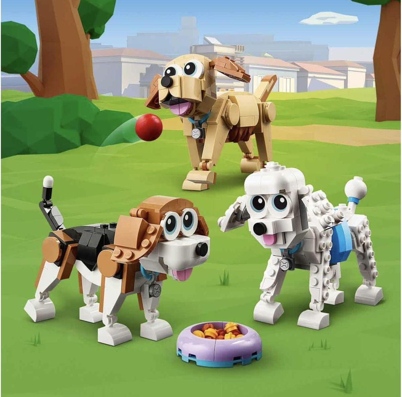LEGO Creator 31137 Set simpatico cane 3 in 1 con figure di animali bassotto, carlino, barboncino e altri, giocattolo per bambini 7+, regalo per gli amanti dei cani Set di costruzione Besuche den LEGO-Store