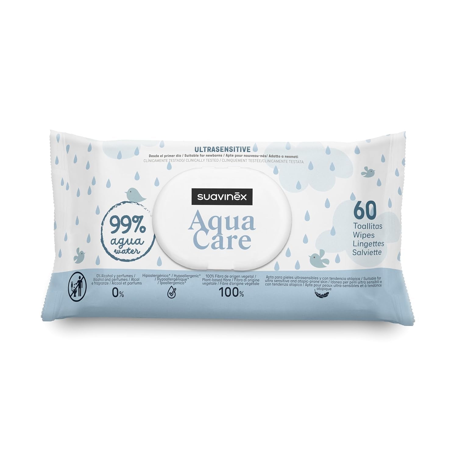 Suavinex Aqua Care Baby Salviettine umidificate 60 salviette detergenti 99% fibre vegetali acquatiche Aloe Vera Senza profumo Senza alcool Dermatologicamente testato Adatto per pelli sensibili