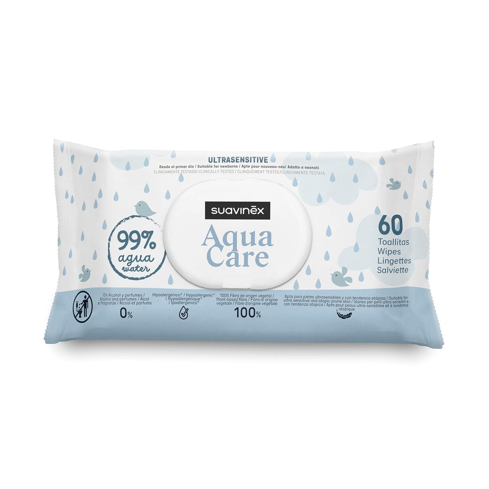 Suavinex Aqua Care Baby Salviettine umidificate 60 salviette detergenti 99% fibre vegetali acquatiche Aloe Vera Senza profumo Senza alcool Dermatologicamente testato Adatto per pelli sensibili