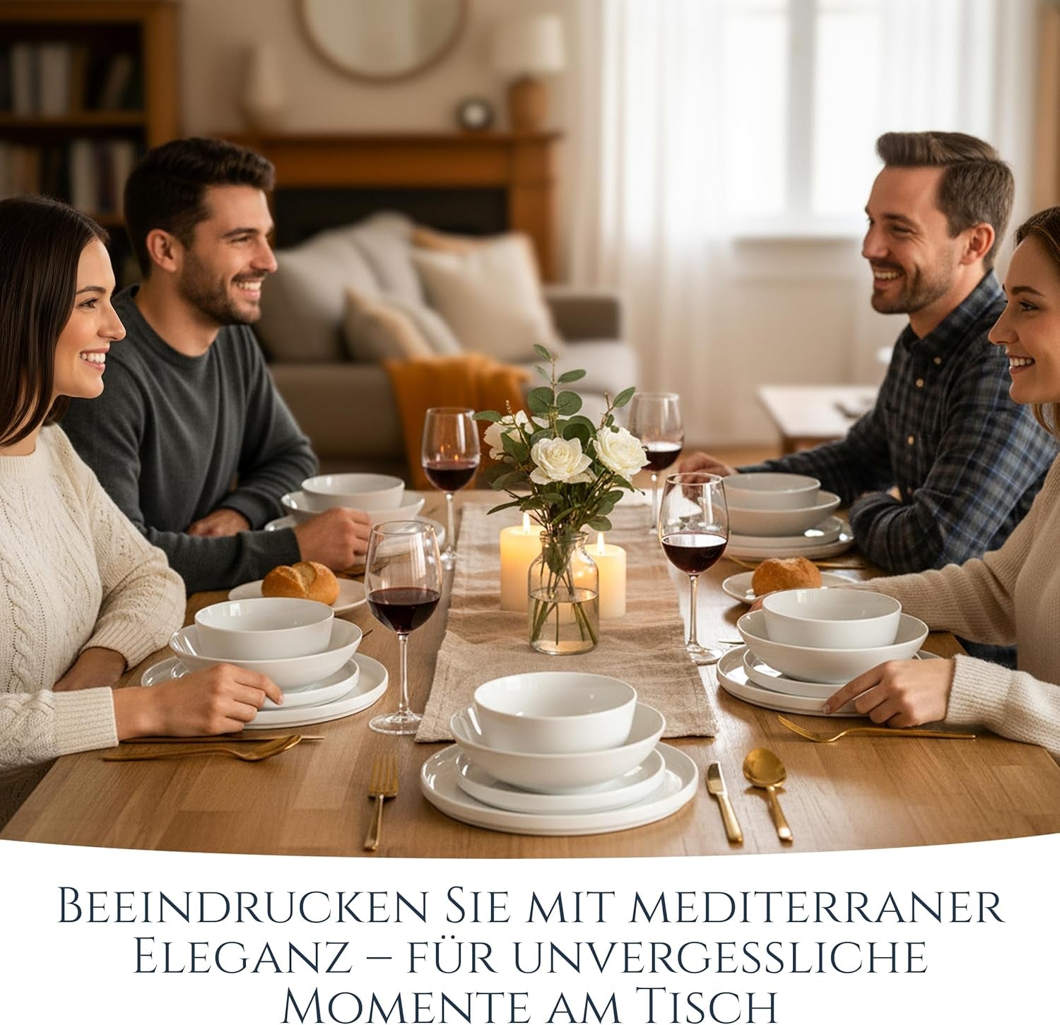 Set de veselă din porțelan pentru 12 persoane, Crystal 48 de piese, CÂȘTIGĂTOR AL TESTULUI, Set de veselă din porțelan transparent, set de boluri și farfurii, serviciu de cină pentru 12 persoane, Seturi de veselă Pure Living în alb