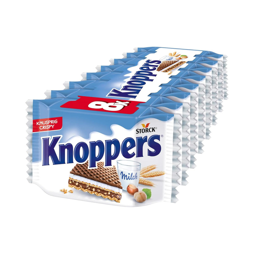 Knoppers Bianchi e Neri – 8 x 25g – Fette di wafer ripiene di wafer al cacao fondente, pezzetti di biscotti neri, crema al latte e torrone