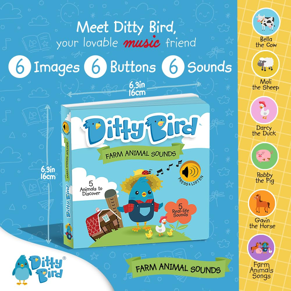 Ditty Bird animale de fermă: Carte sonoră interactivă cu sunete realiste de animale. Ideală pentru copii mici (1-3 ani). Cărți robuste, senzoriale pentru bebelușii iubitori de animale. Jucarii Bebe Naty Shop