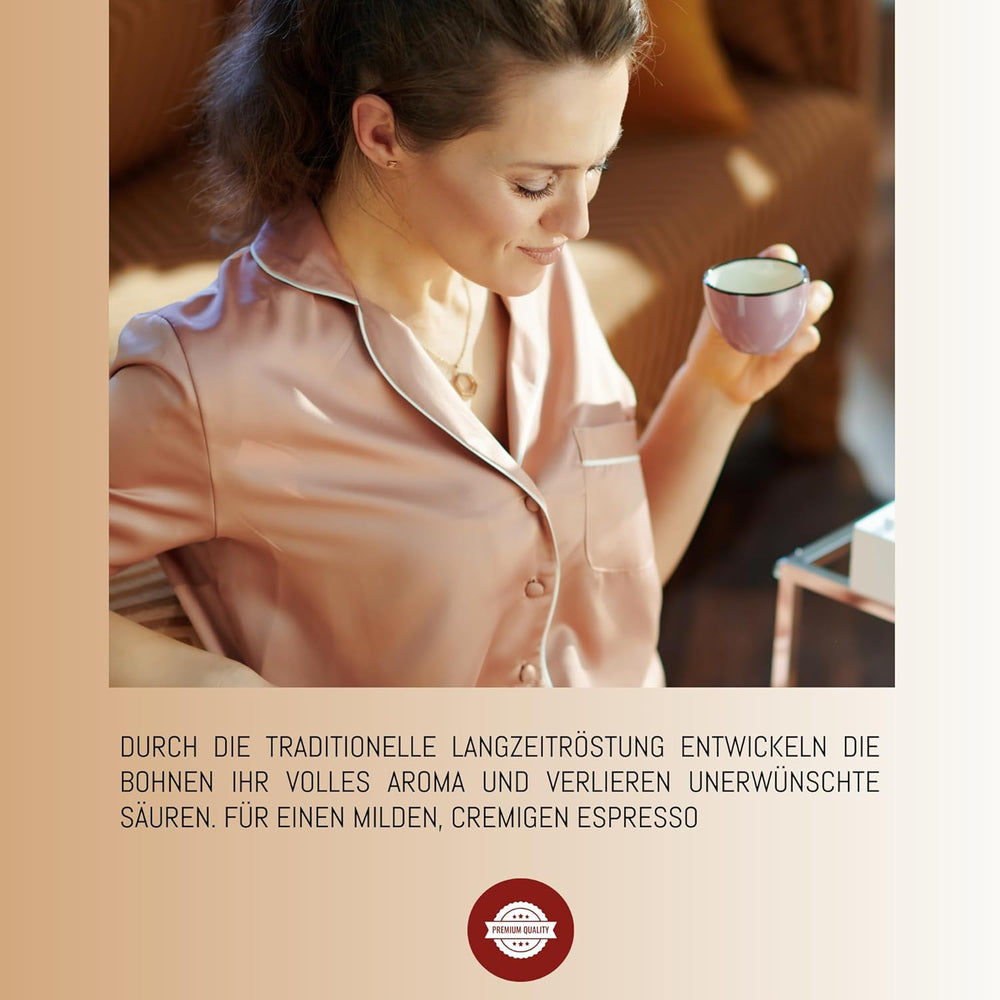 RÖSTTROMMEL BLACK LABEL - Special Blend ESPRESSO, Ganze Kaffee-Bohnen 1kg, 50% Arabica, 50% Canephora, Röstung 8.5/10, 50% Brasilien, 50% Indien, Geschmack: cremig - kräftig - zartbitter Schokolade