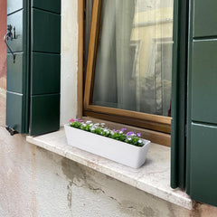 Set de 3 ghivece dreptunghiulare (40,6 × 9,7 cm) cu farfurioare – ghivece albe din plastic pentru ierburi, flori, legume – pentru balcon, grădină, pervaz, interior și exterior