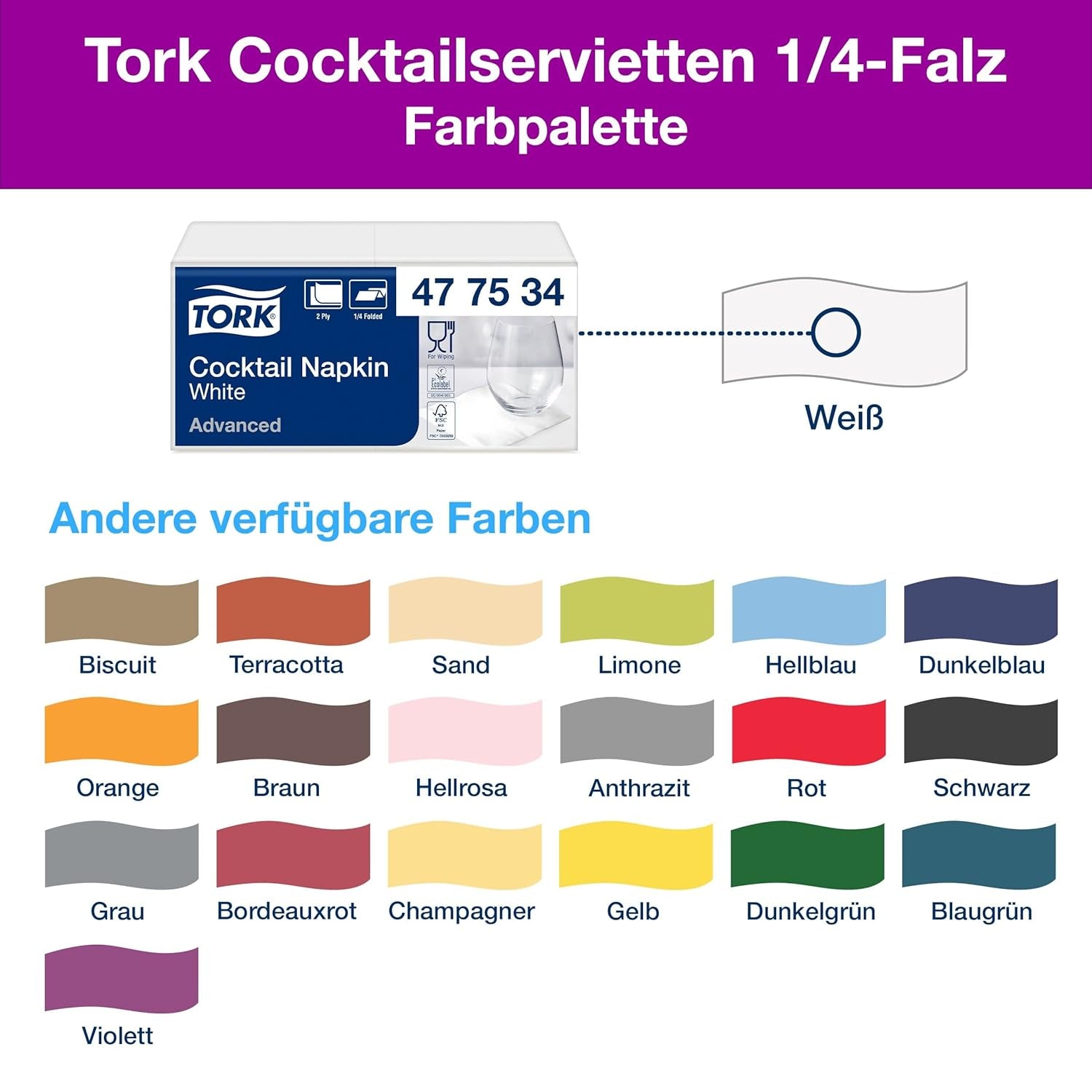 Șervețele Tork Cocktail White, 1/4-fold, 2 straturi, 24 cm × 24 cm, 200 șervețele, 477534