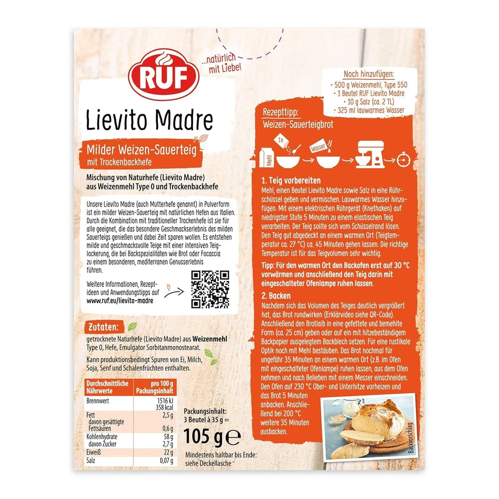 RUF Lievito Madre Sauerteig, Milder Weizen-Sauerteig, Mutterteig, Kurze Teigruhe Durch Enthaltene Trockenhefe, Lievito Madre Getrocknet Für Brot, Baguette, Focaccia, 3X35G Miscela per panificazione e cottura Naty Shop
