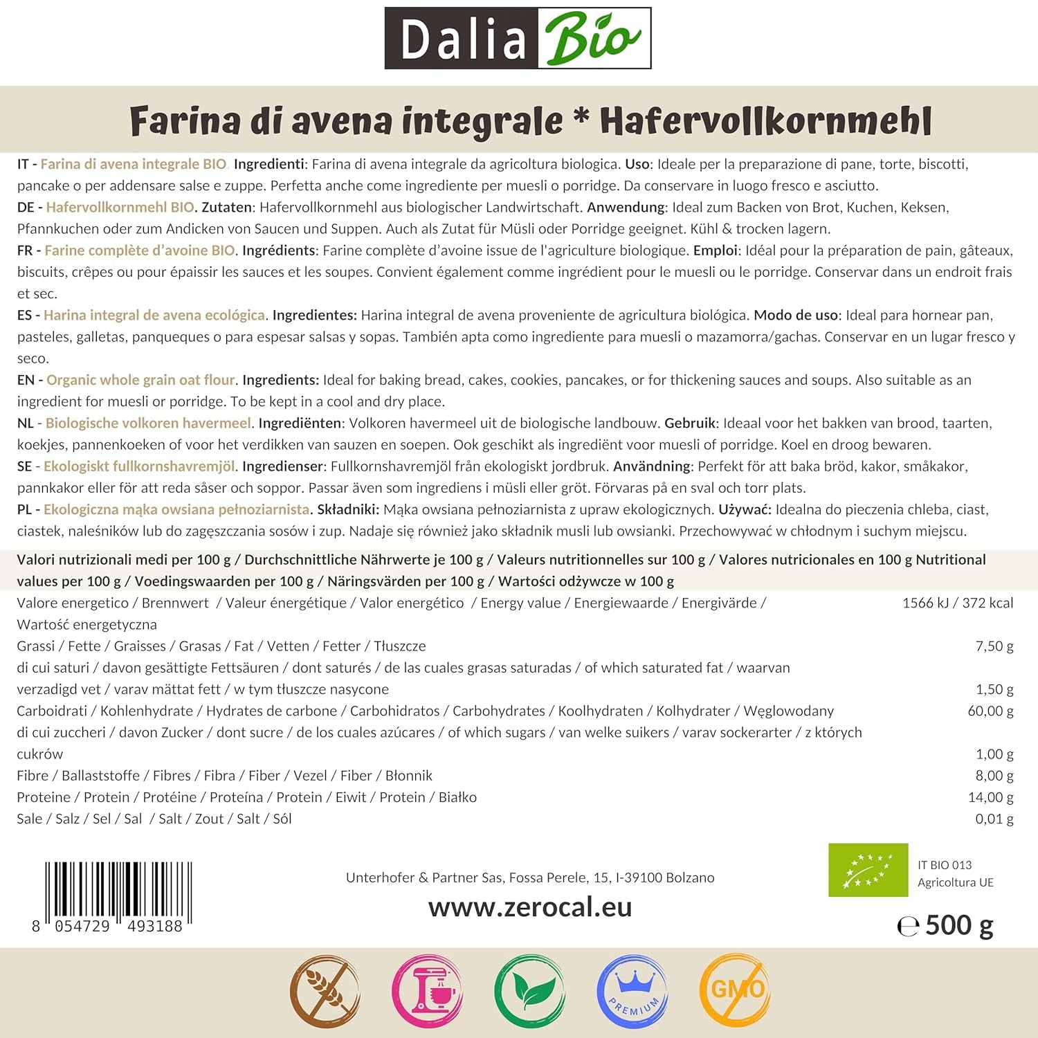 Dalia - Farina di Avena Integrale Bio 500g | Senza glutine | Ricco di fibre e proteine ​​Origine: Italia | Per pane, torte, porridge e ricette fitness | Qualità premium