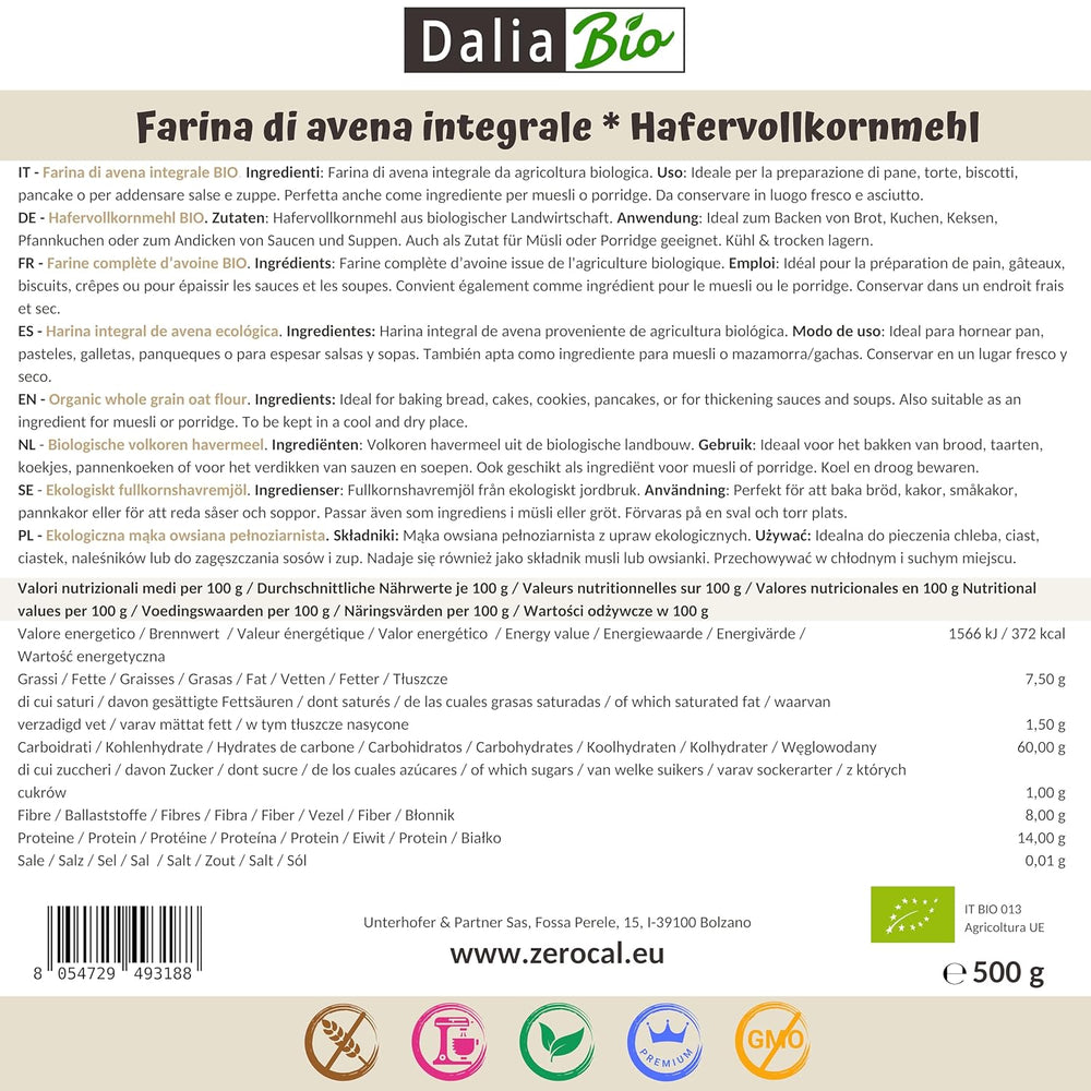Dalia - Farina di Avena Integrale Bio 500g | Senza glutine | Ricco di fibre e proteine ​​Origine: Italia | Per pane, torte, porridge e ricette fitness | Qualità premium