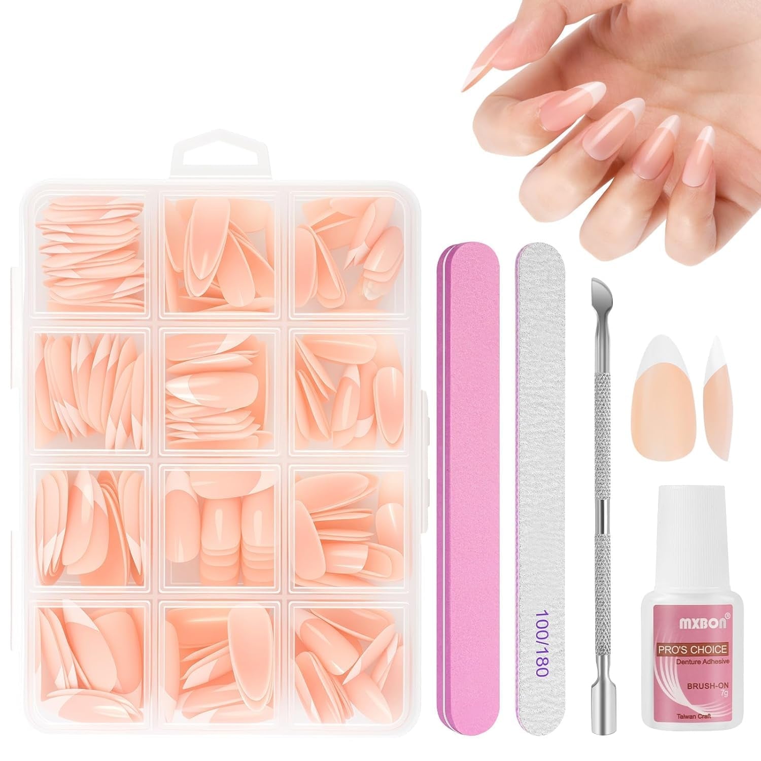 Set de 240 de vârfuri pentru unghii false, unghii false franțuzești pentru lipit, set de unghii franțuzești cu presă, 12 mărimi, unghii false cu lipici pentru femei și bărbați (alb nud mediu migdală)