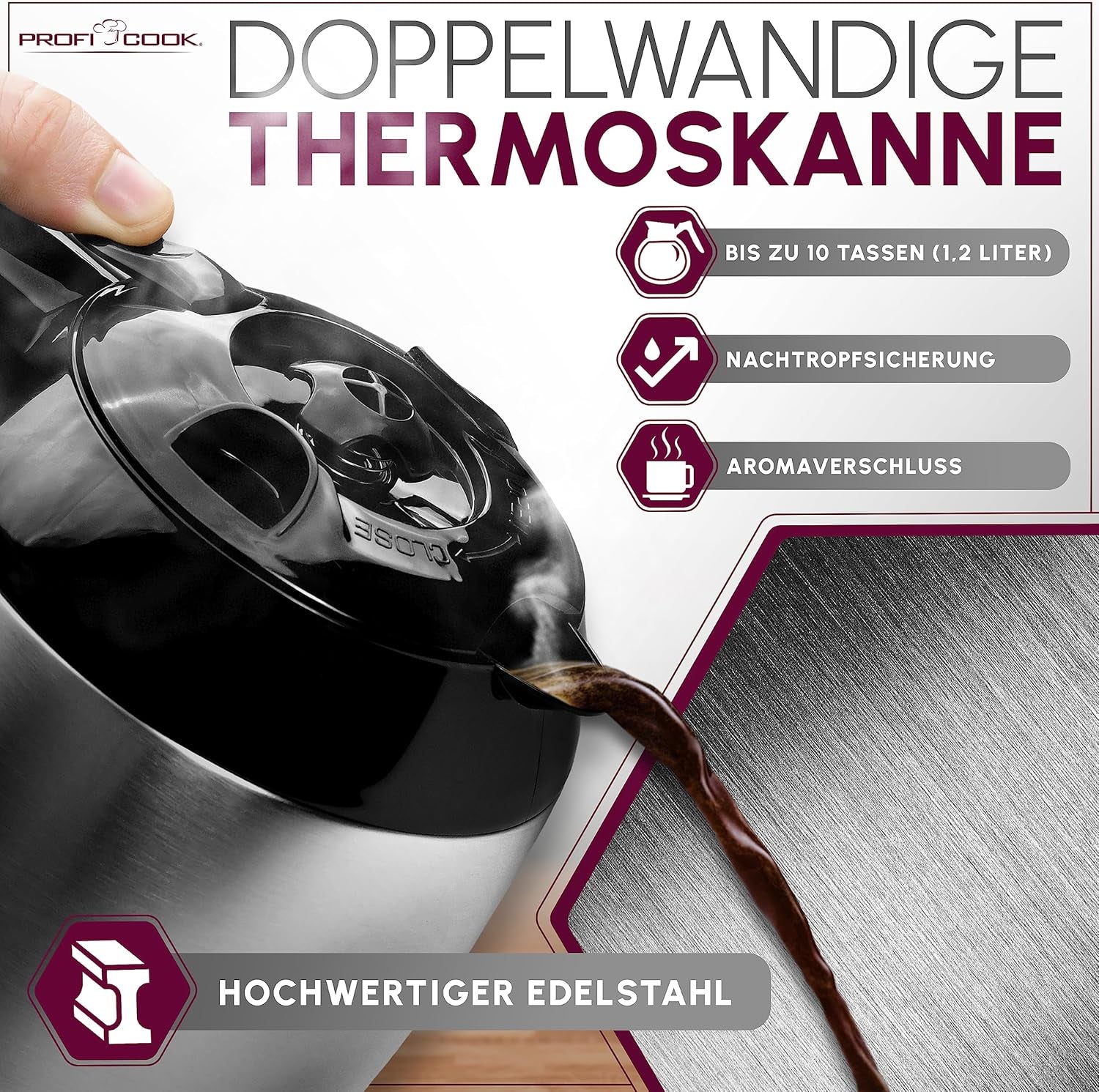 Cafetieră Profi Cook | 8-10 cești | Temporizator | Comenzi tactile cu senzor | Carafă termos cu pereți dubli de 1,2 litri | Sigiliu pentru aromă | Cafetieră cu filtru din oțel inoxidabil | PC-KA 1191